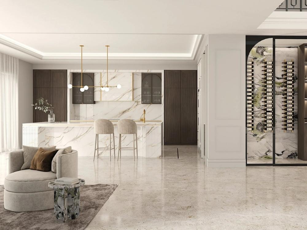 Phòng bếp tân cổ điển sáng thoáng hài hòa nhờ bố trí ánh sáng tự nhiên và điểm nhấn tinh tế