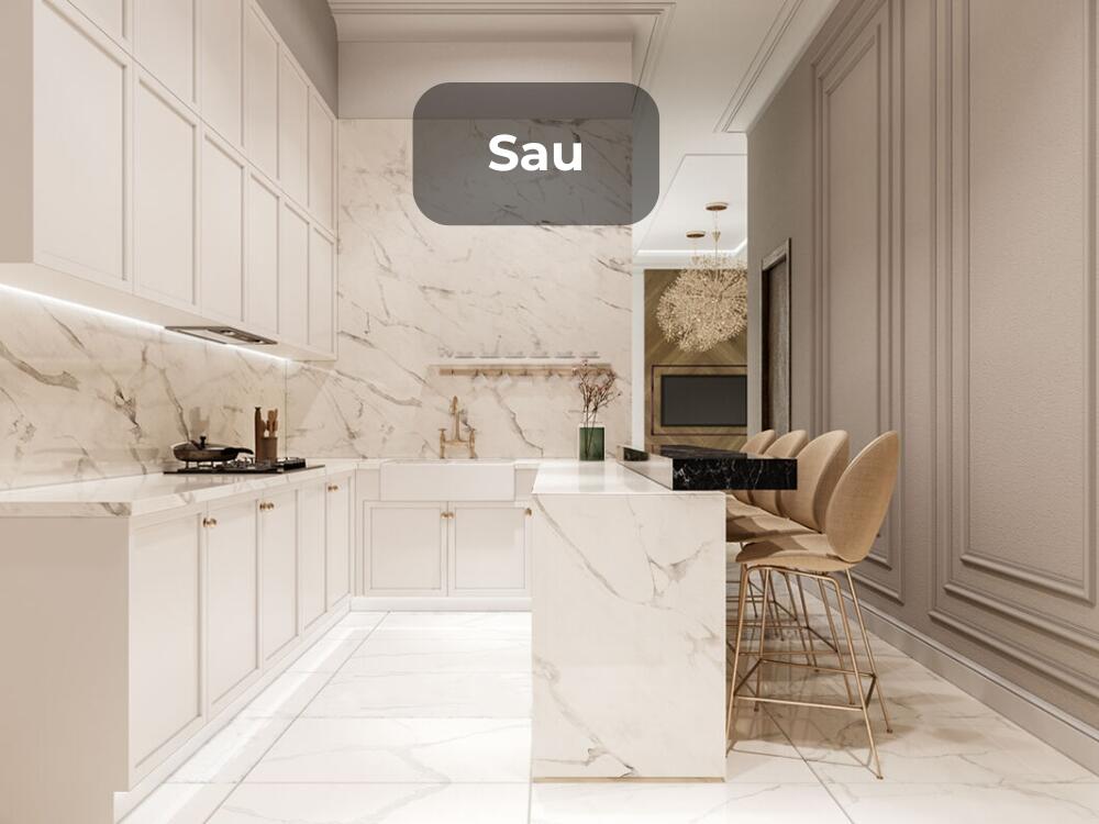 Phòng bếp tân cổ điển với phào chỉ nhẹ nhàng và gam màu trang nhã mang đến vẻ đẳng cấp