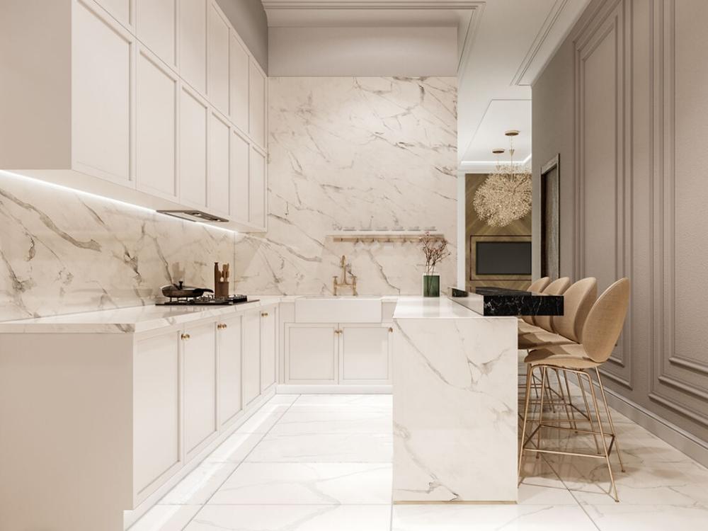 Phòng bếp thanh lịch hài hòa mang đến không gian sum họp lý tưởng cho gia đình