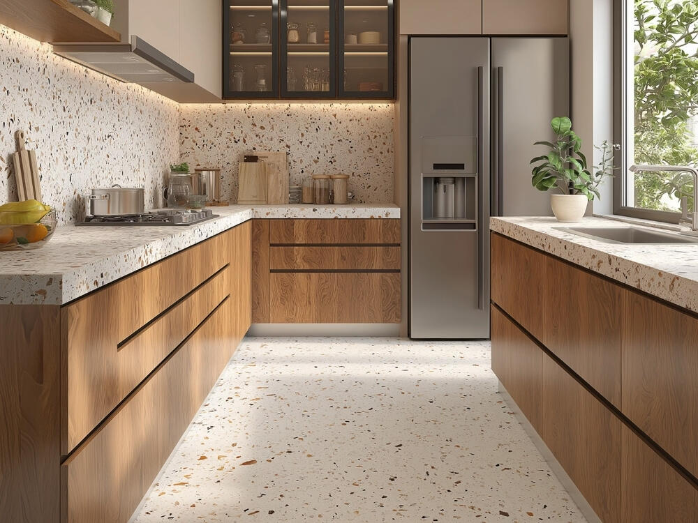 Phòng bếp sang trọng với mặt bàn đá thạch anh bền đẹp chống thấm ố