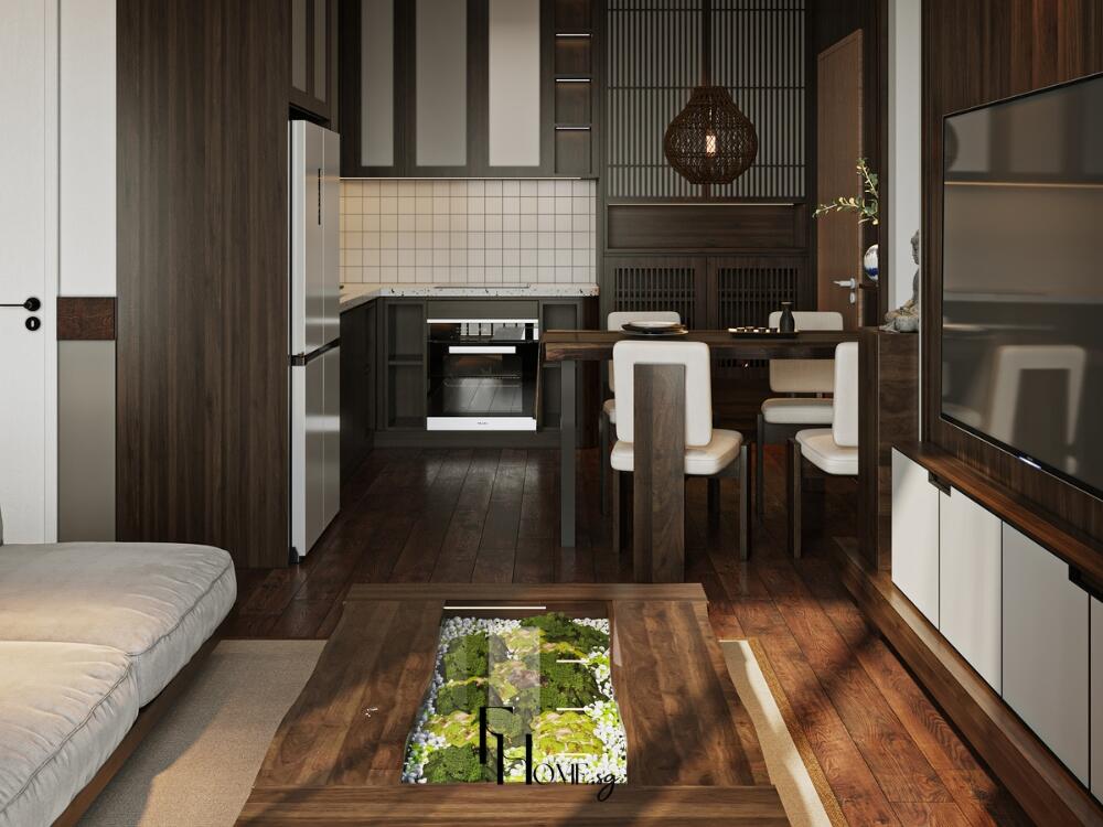 Phòng bếp Zen gọn gàng với bố cục tinh giản và hệ tủ ẩn giúp không gian luôn sạch thoáng