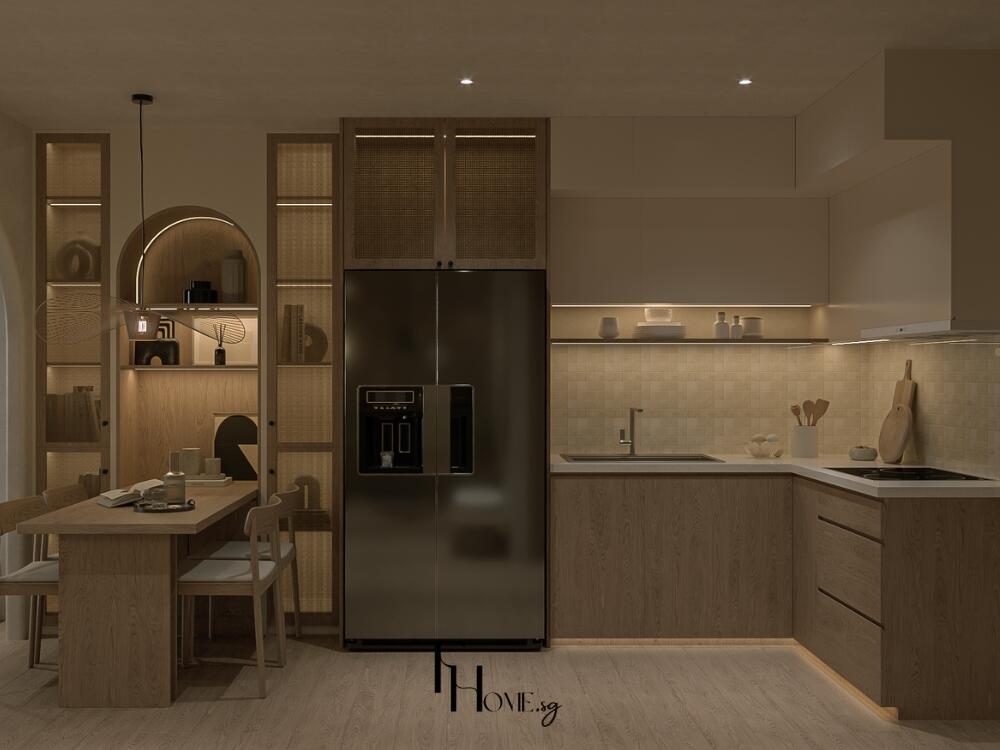 Phòng bếp Zen gọn gàng với tủ gỗ sáng màu và mặt bếp sạch thoáng mang lại cảm giác yên bình