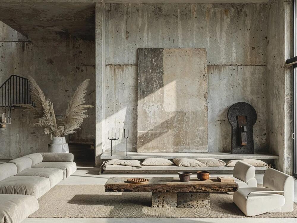 Phòng khách Brutalism độc đáo với bàn gỗ pallet tái chế mang vẻ đẹp chân thật và bền vững