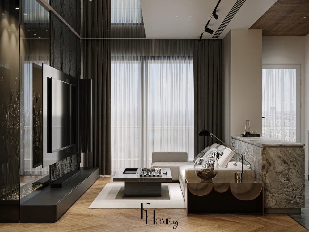 Phòng khách chung cư 3PN Luxury với vách TV kính độc đáo kết hợp LED và cây xanh