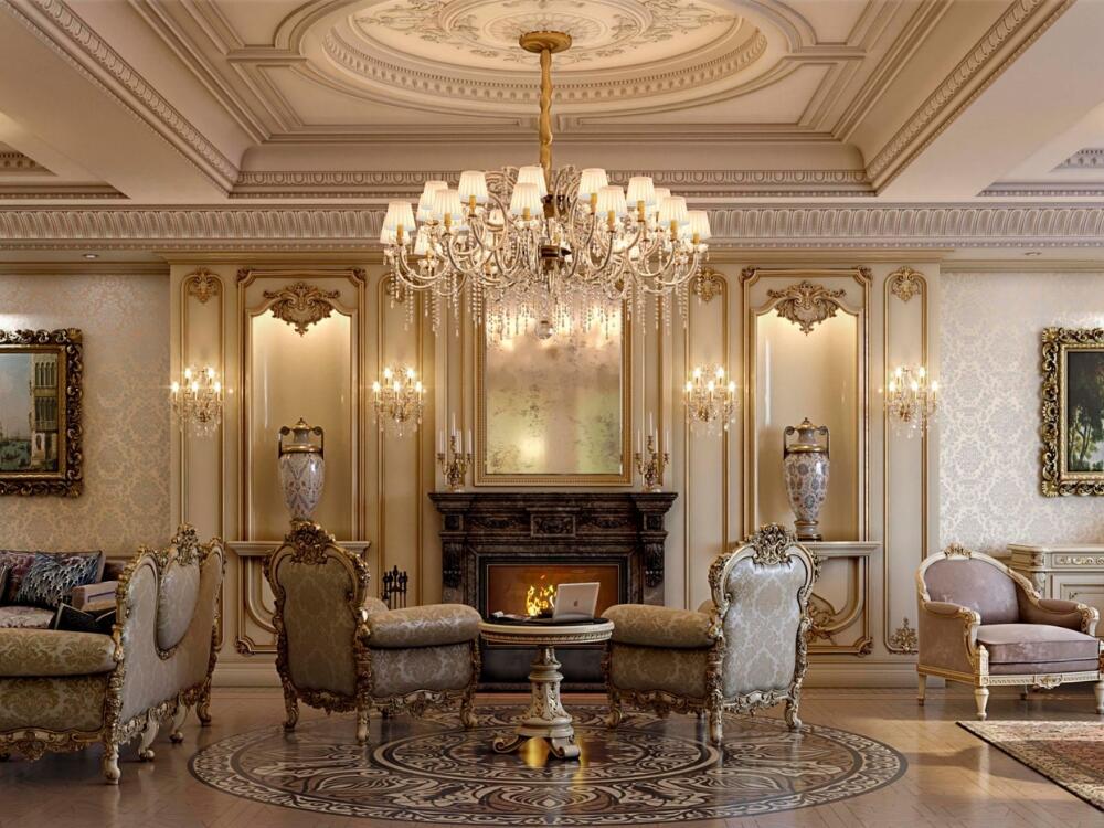 Phòng khách Classic nổi bật với đèn chùm pha lê lộng lẫy và bộ sofa hoa văn tinh xảo