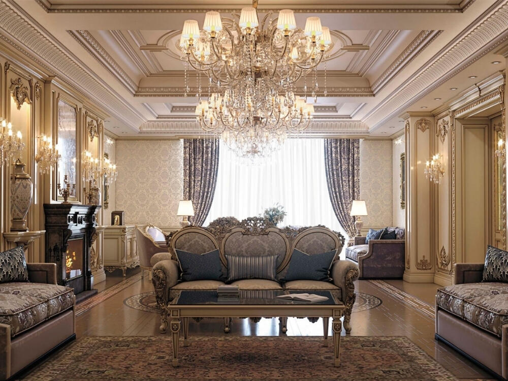 Phòng khách Classic sang trọng với bố cục đối xứng và bộ sofa hoa văn tinh xảo đầy quyền quý