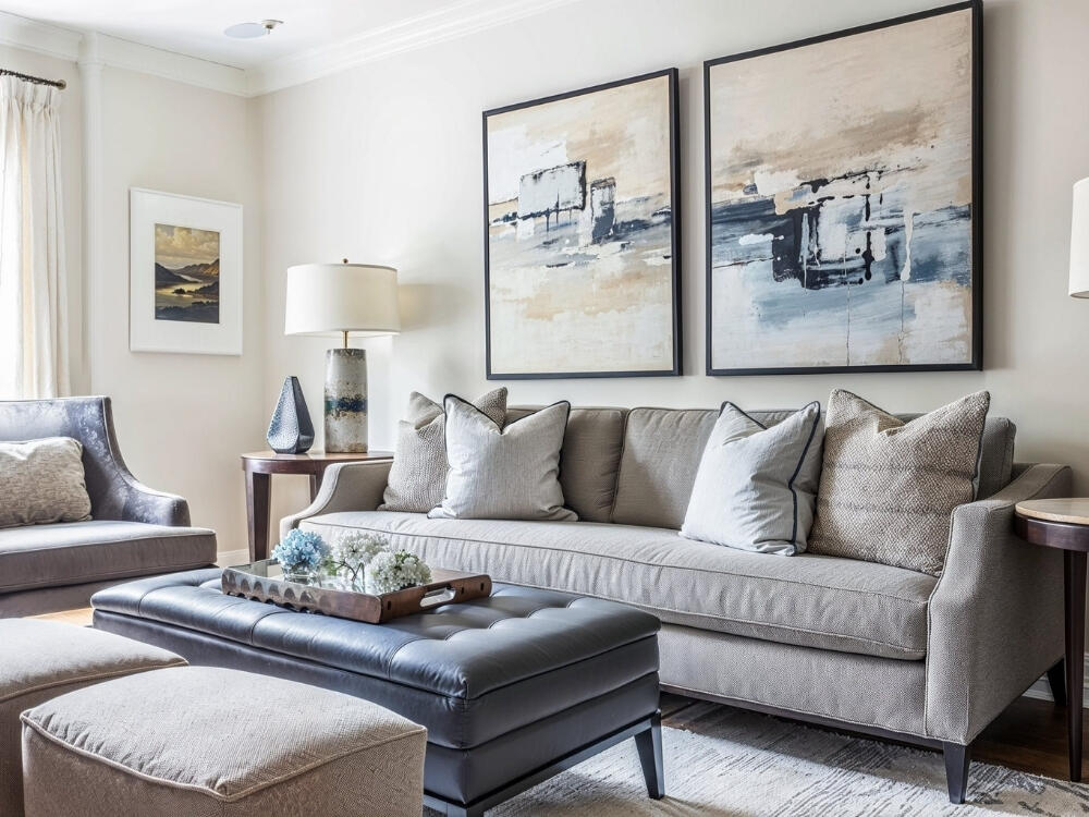 Phòng khách Coastal sáng thoáng với sofa vải lanh và cửa sổ lớn đón trọn ánh sáng tự nhiên