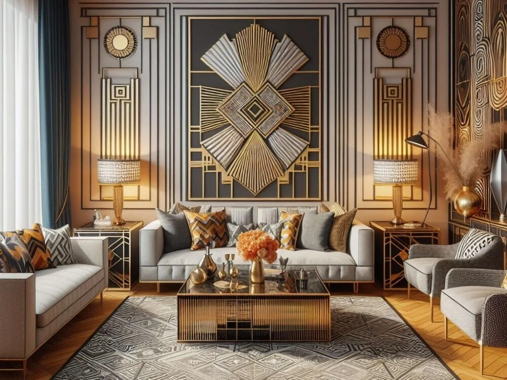 Phòng khách Đương đại Art Deco ấn tượng với bố cục đối xứng và chất liệu cao cấp
