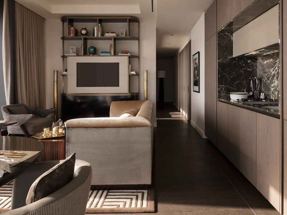 Phòng khách Đương đại thanh lịch với gam trắng xám chủ đạo làm nổi bật hình khối tinh giản