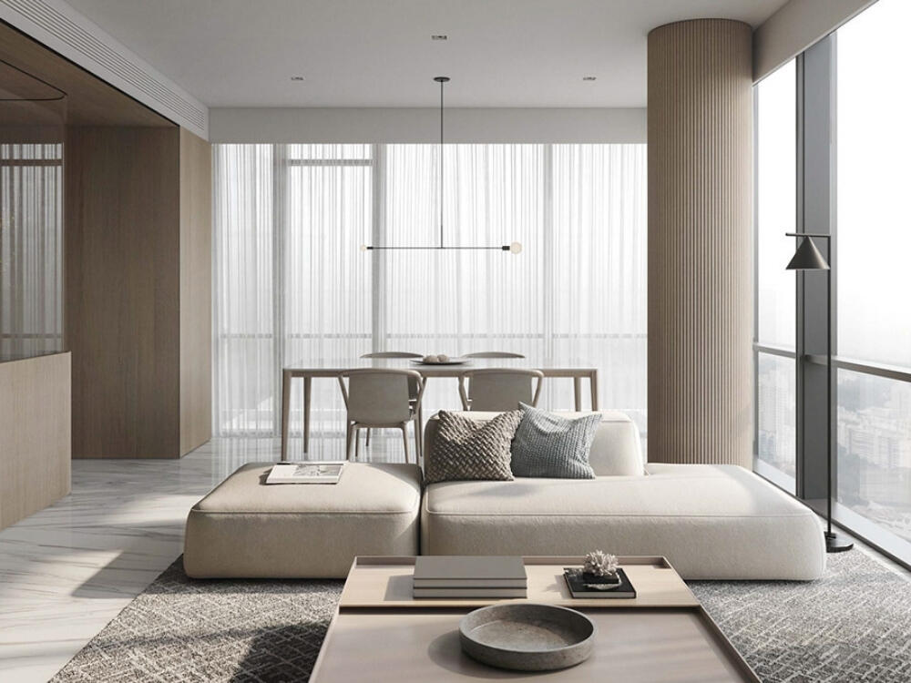 Phòng khách Đương đại tối giản với bảng màu đơn sắc và bố cục tinh gọn tạo cảm giác tĩnh tại