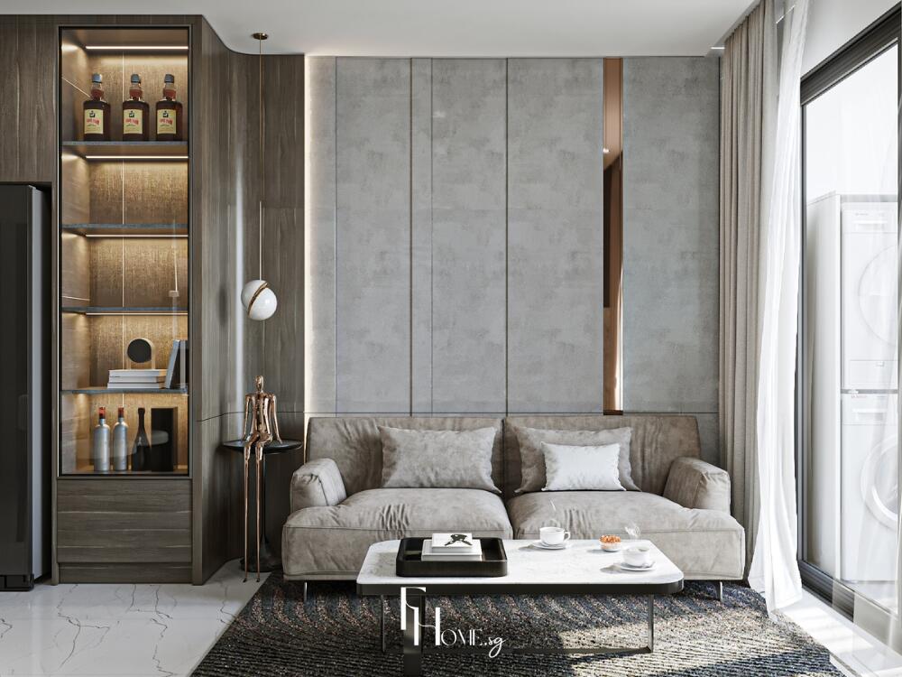 Phòng khách hiện đại, ấm cúng với sofa tone màu trung tính và tủ trưng bày tích hợp thông minh