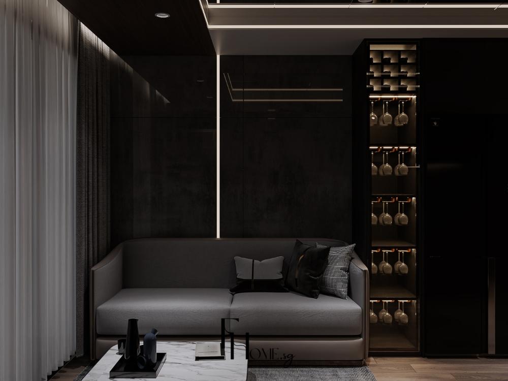 Phòng khách hiện đại sang trọng với sofa hình khối đơn giản và tông màu trung tính tinh tế