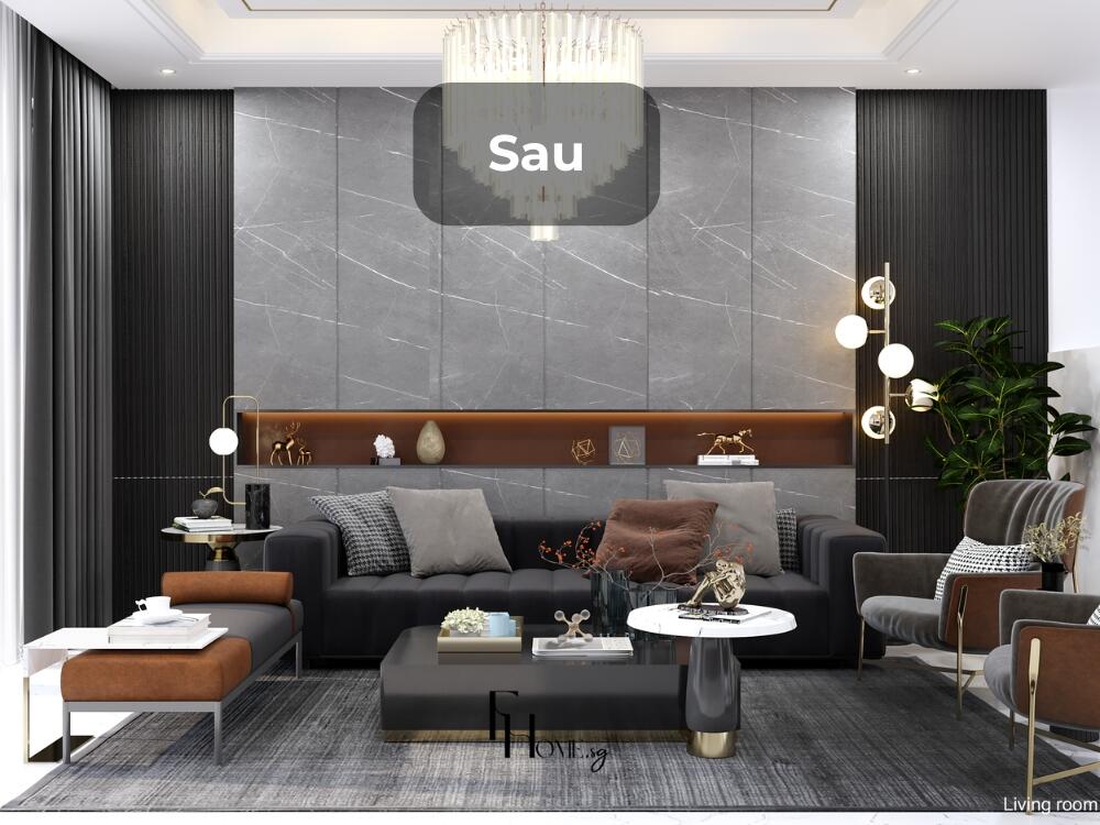 Phòng khách hiện đại thoáng sáng với tông màu trung tính và nội thất thông minh tối ưu không gian sống