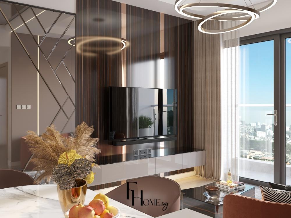 Phòng khách hiện đại với bề mặt bê tông phẳng và chi tiết thép không gỉ tạo điểm nhấn mạnh mẽ