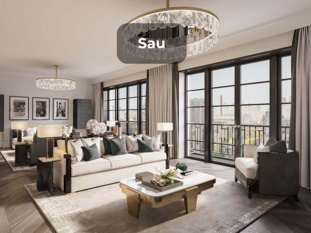 Phòng khách hiện đại với gam màu trung tính và vật liệu kính gỗ mang đến vẻ trẻ trung năng động