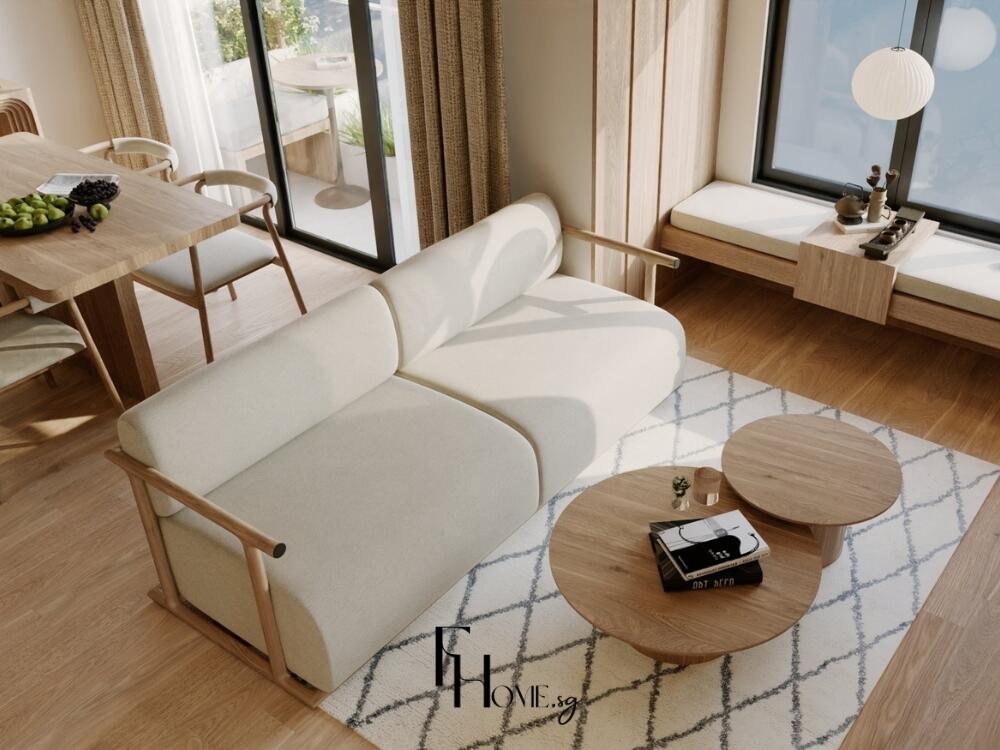 Phòng khách Japandi ấm áp với sofa thấp màu trung tính và bàn trà gỗ mộc mạc