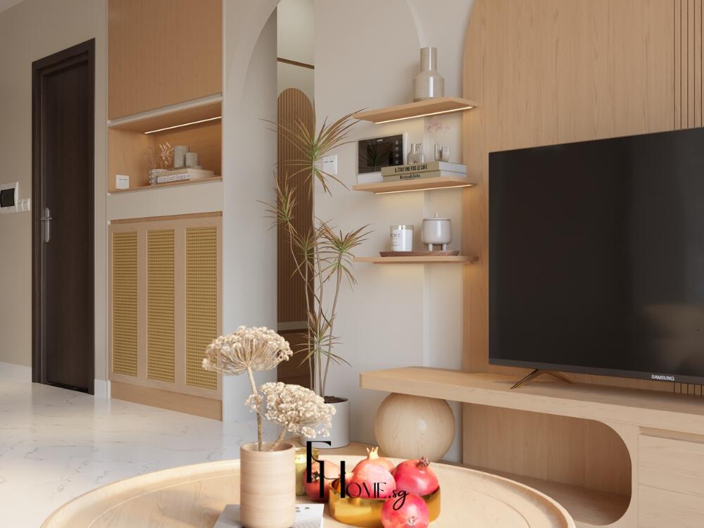 Phòng khách Japandi mộc mạc với đường nét tự nhiên và vật liệu gỗ ấm áp