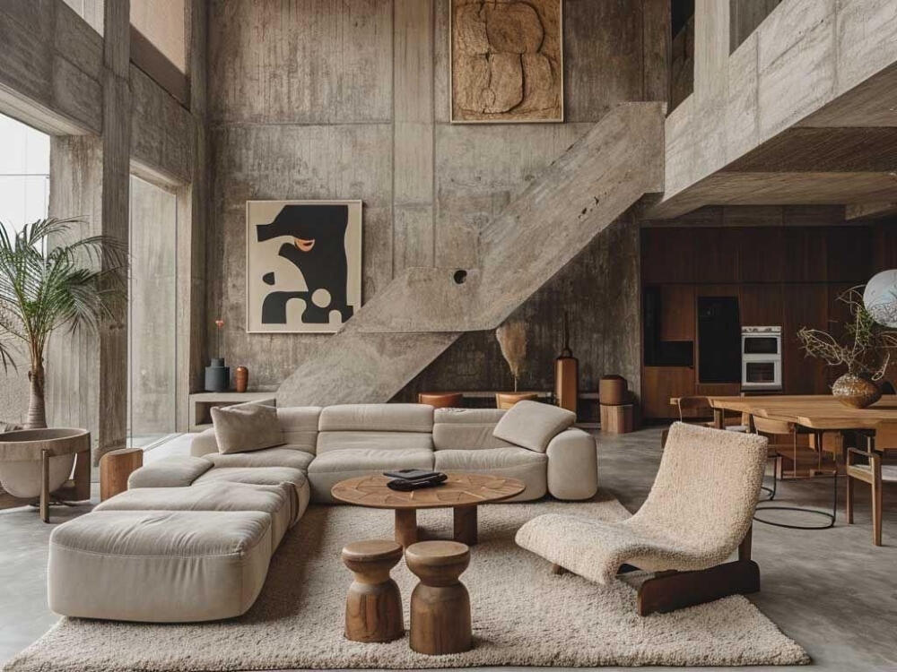 Phòng khách kết hợp vật liệu thô và ánh sáng ấm tạo nên vẻ sang trọng hiện đại đầy cá tính