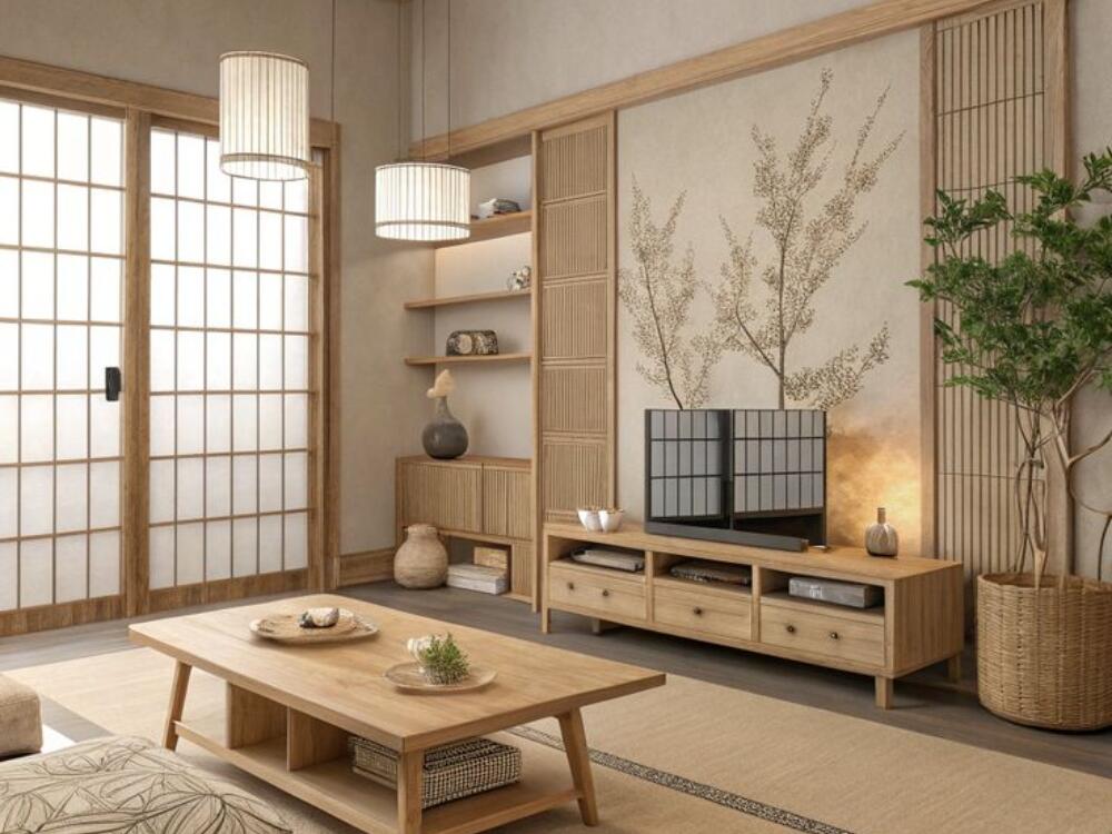 Phòng khách mộc mạc với sàn gỗ và vách ngăn tre tạo sự kết nối hài hòa cùng thiên nhiên