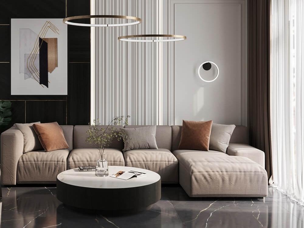 Phòng khách nhà ống tân cổ điển sáng thoáng với màu sáng và đường nét dọc tăng chiều cao