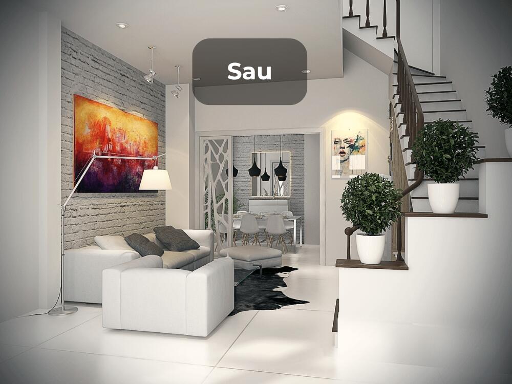 Phòng khách nhà ống thoáng đãng với tông màu trắng xám trung tính và đồ nội thất tinh gọn