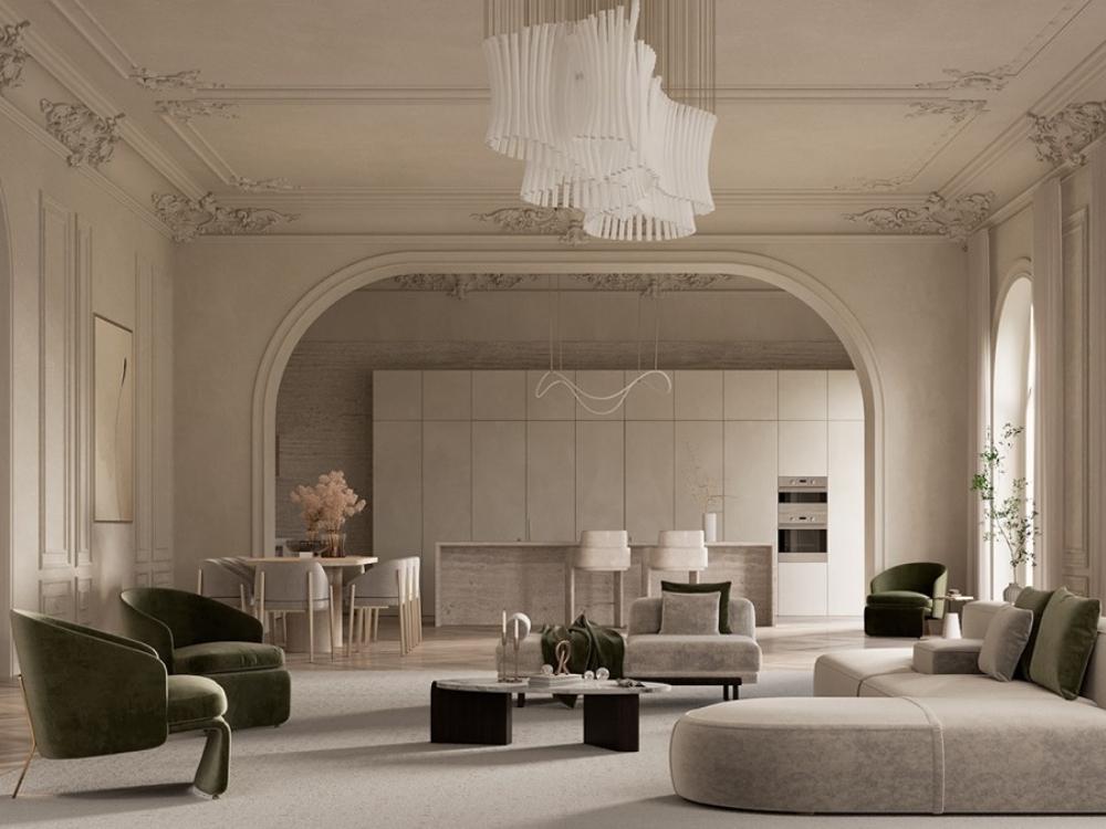 Phòng khách nhà phố 100m² sang trọng thoáng đãng với điểm nhấn trang trí tinh tế vừa phải