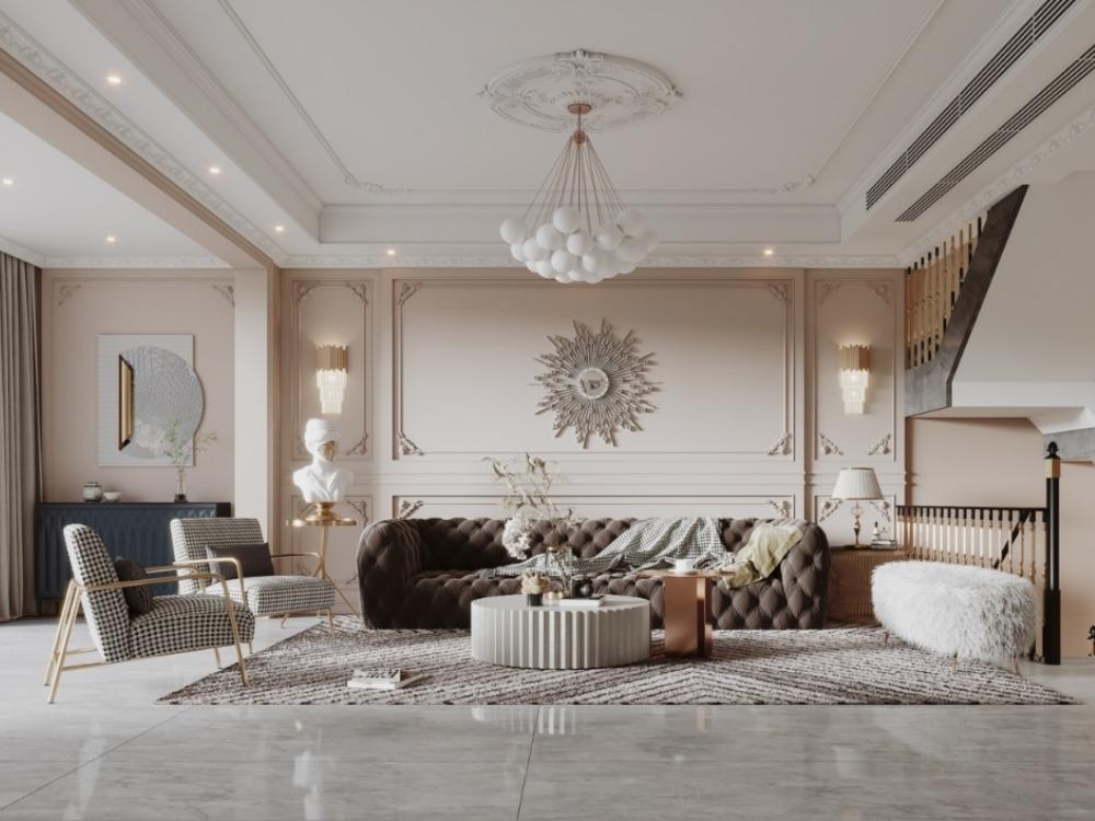 Phòng khách nhà phố 110m² sang trọng rộng thoáng với chi tiết tân cổ điển tinh tế hài hòa