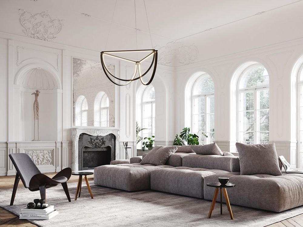 Phòng khách nhà phố 120m² bề thế sang trọng với sofa lớn và phào chỉ tinh xảo