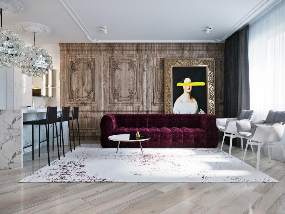 Phòng khách nhà phố 130m² xa hoa lộng lẫy với nội thất bề thế và đèn chùm pha lê nổi bật