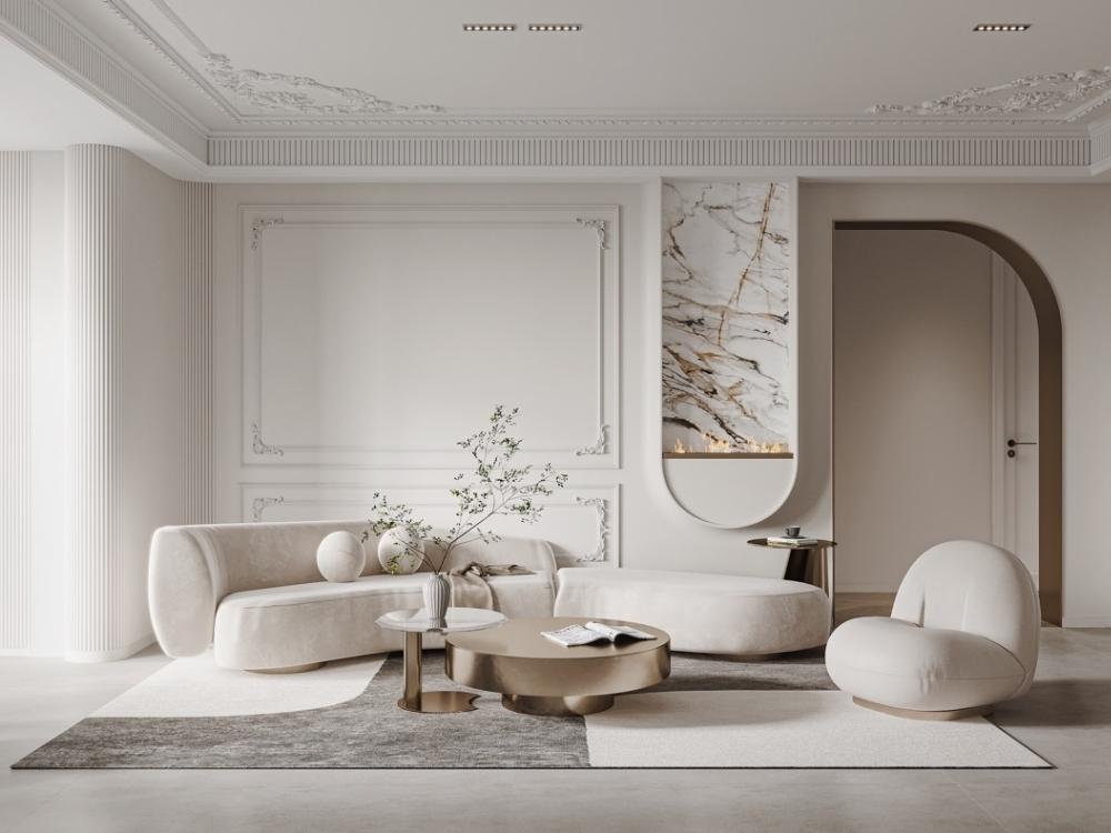 Phòng khách nhà phố 80m² sáng thoáng với gam trắng kem và nội thất thanh mảnh