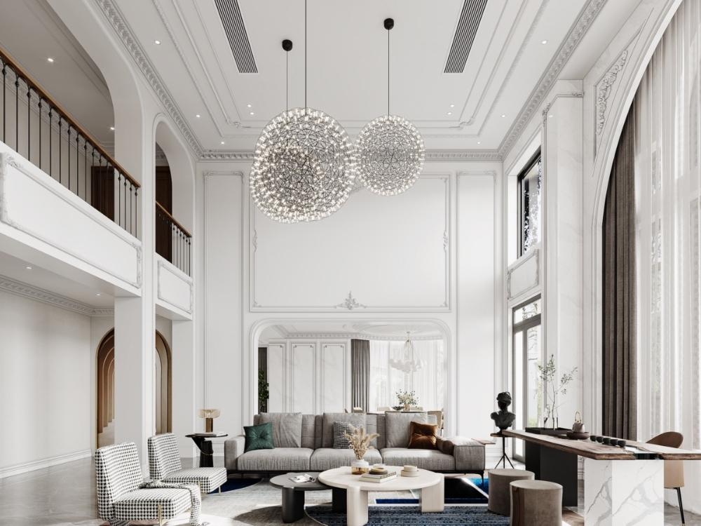 Phòng khách nhà phố mặt tiền 5–6m thanh thoát với đường nét dọc kéo cao không gian