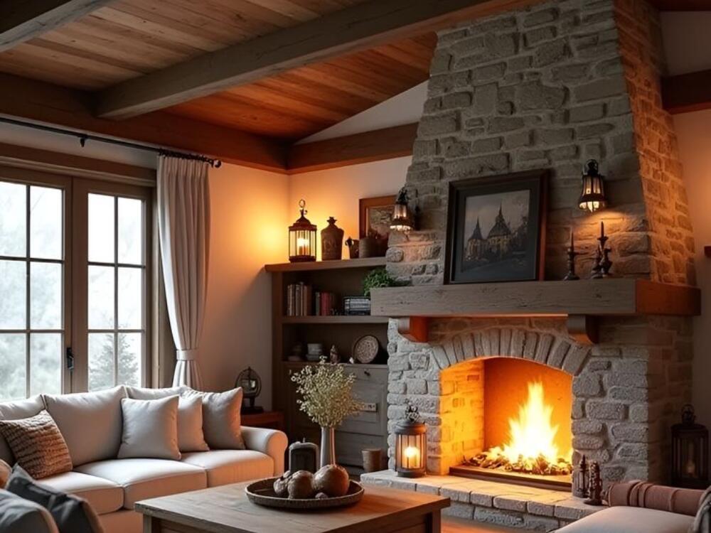 Phòng khách Rustic ấm cúng với lò sưởi đá tự nhiên làm điểm nhấn trung tâm không gian