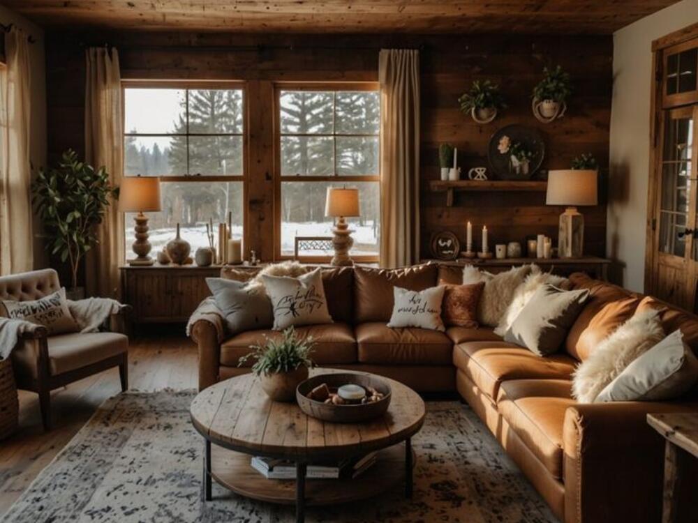 Phòng khách Rustic cổ điển sang trọng với dầm gỗ thô và nội thất chạm khắc tinh tế