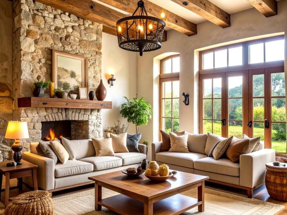 Phòng khách Rustic sang trọng với trần dầm gỗ và tường đá mộc tạo vẻ đẹp tự nhiên tinh tế