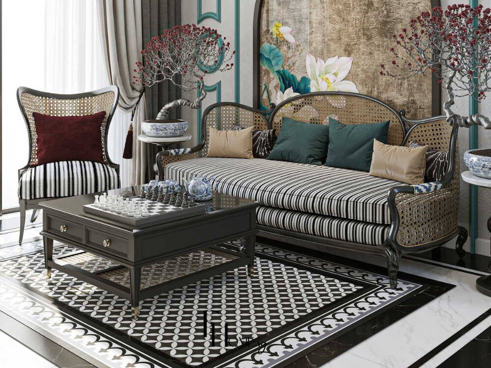 Phòng khách sang trọng với sofa gỗ tự nhiên và nệm màu trung tính mang đậm hơi thở Á Đông