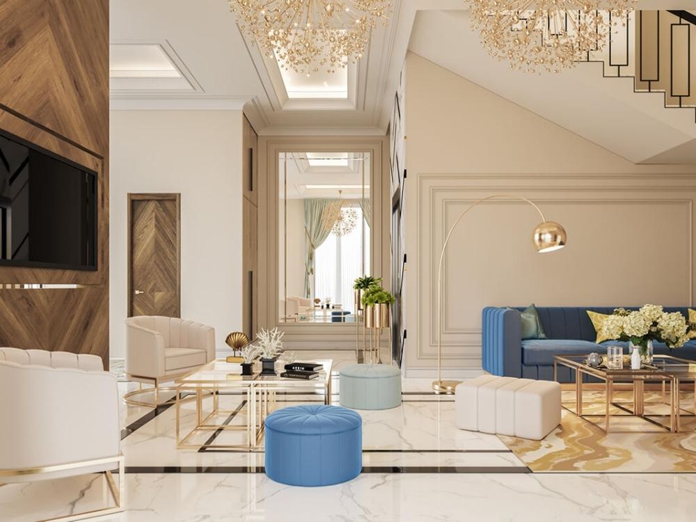 Phòng khách tân cổ điển hiện đại sang trọng với đường nét tối giản và vật liệu kim loại kính thời thượng