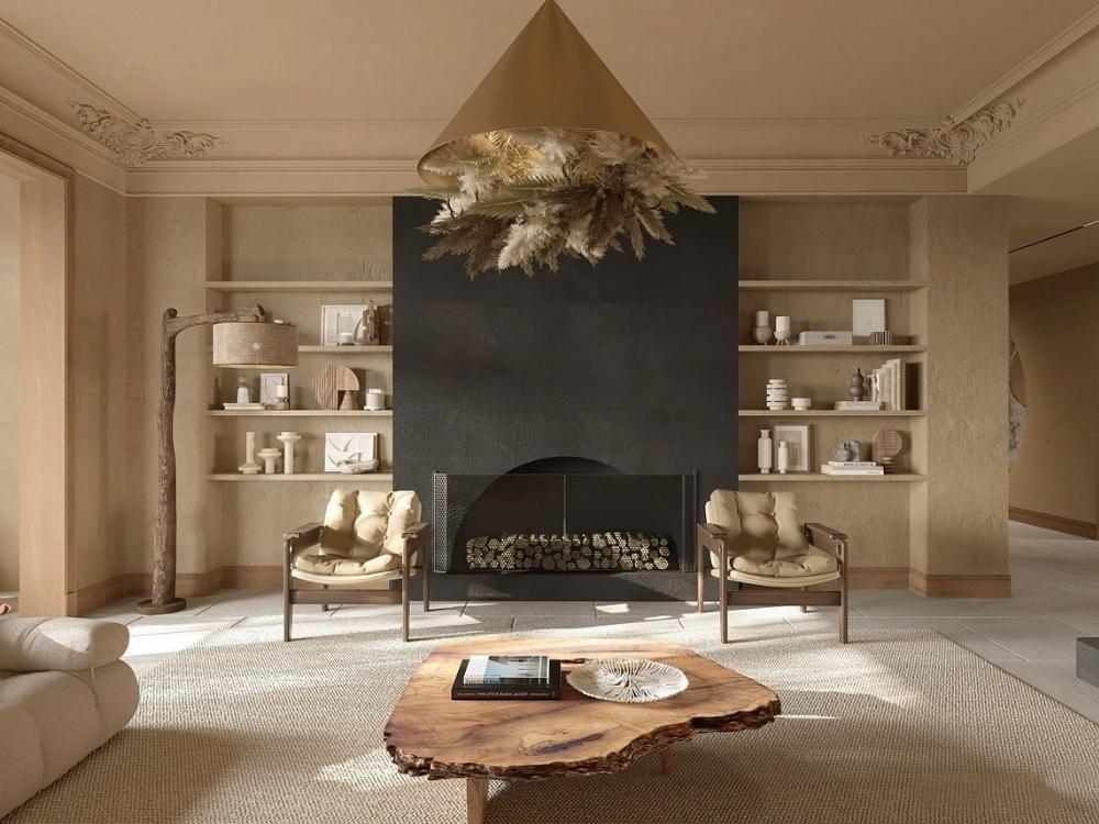 Phòng khách tân cổ điển mộc mạc đẳng cấp nhờ nội thất gỗ óc chó đồng bộ