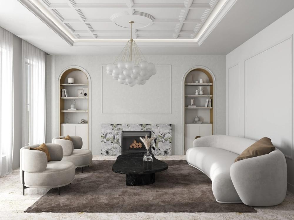 Phòng khách tân cổ điển sang trọng với gỗ tự nhiên đá marble và kim loại mạ tinh xảo