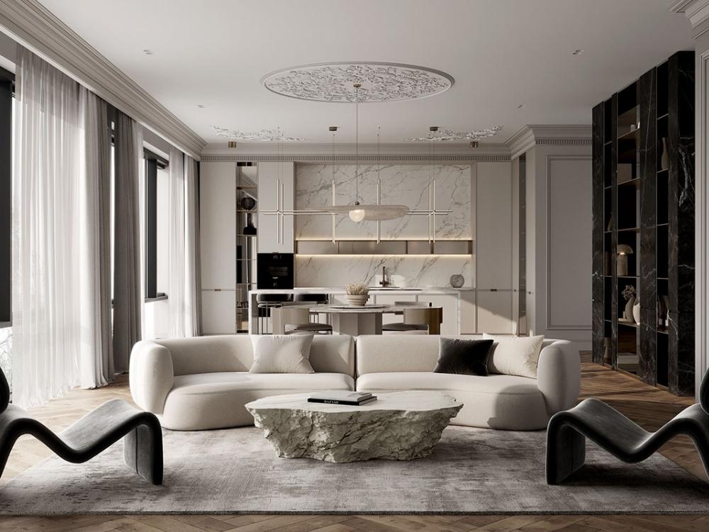 Phòng khách tân cổ điển sang trọng với phào chỉ tinh xảo hài hòa tạo đường nét uyển chuyển