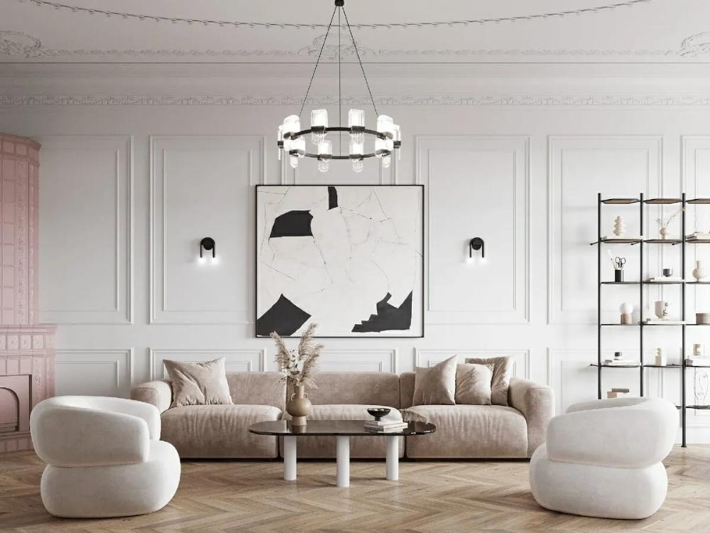 Phòng khách tân cổ điển sang trọng với tông xám be và chi tiết kim loại mạ vàng nổi bật