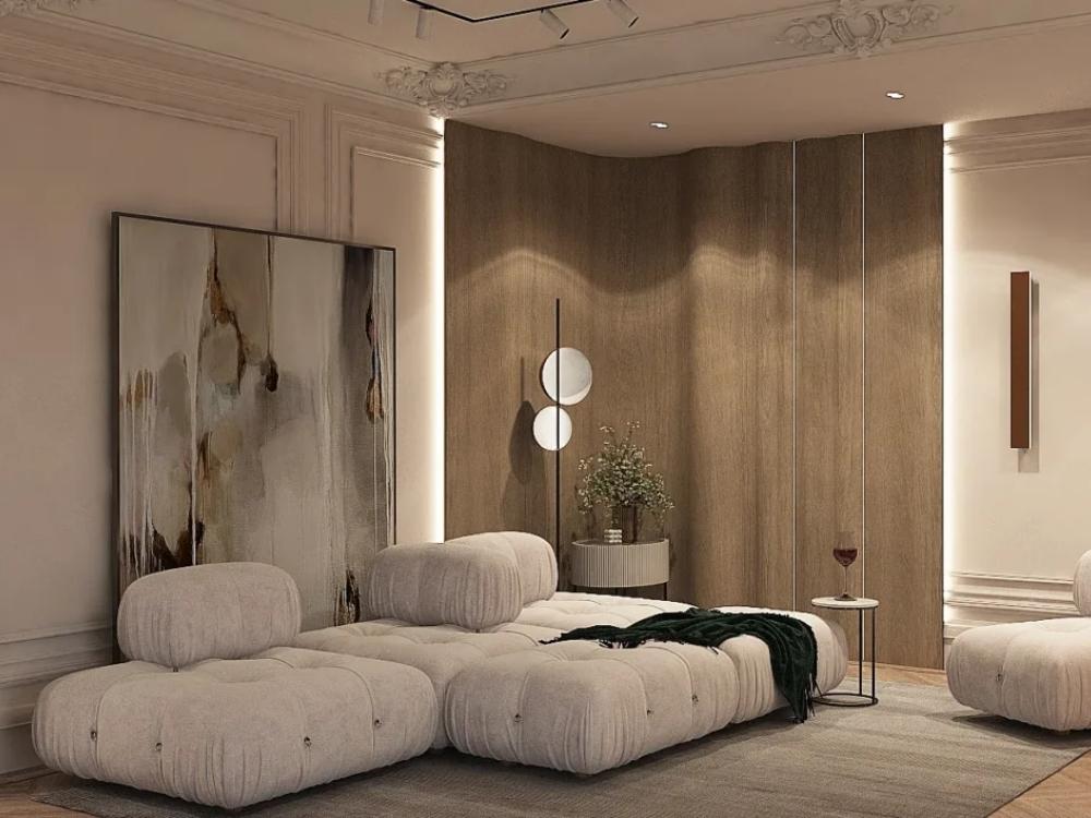 Phòng khách tân cổ điển thanh thoát với nội thất tỷ lệ vừa vặn giữ được vẻ sang trọng mà không nặng nề