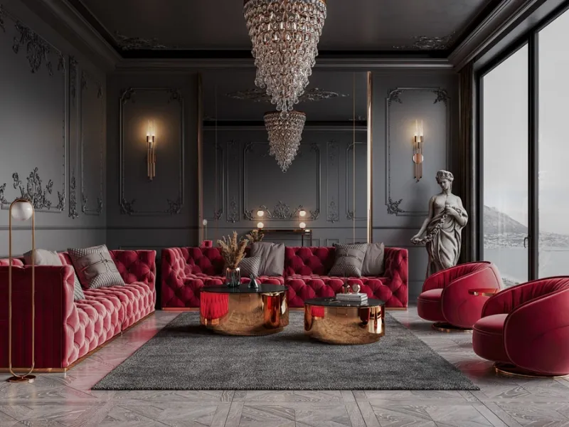 Phòng khách chung cư tân cổ điển tông xám đen với sofa đỏ