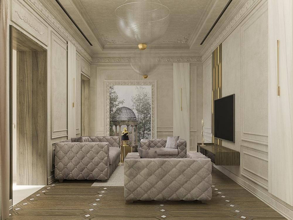 Phòng khách thanh lịch hài hòa với bố cục chiều sâu xử lý khéo léo cho mặt tiền hẹp