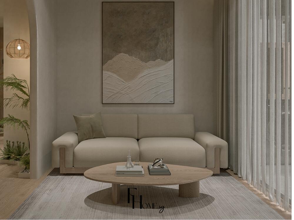 Phòng khách thanh lịch với bảng màu trung tính và bố cục gọn gàng khơi gợi cảm giác an nhiên