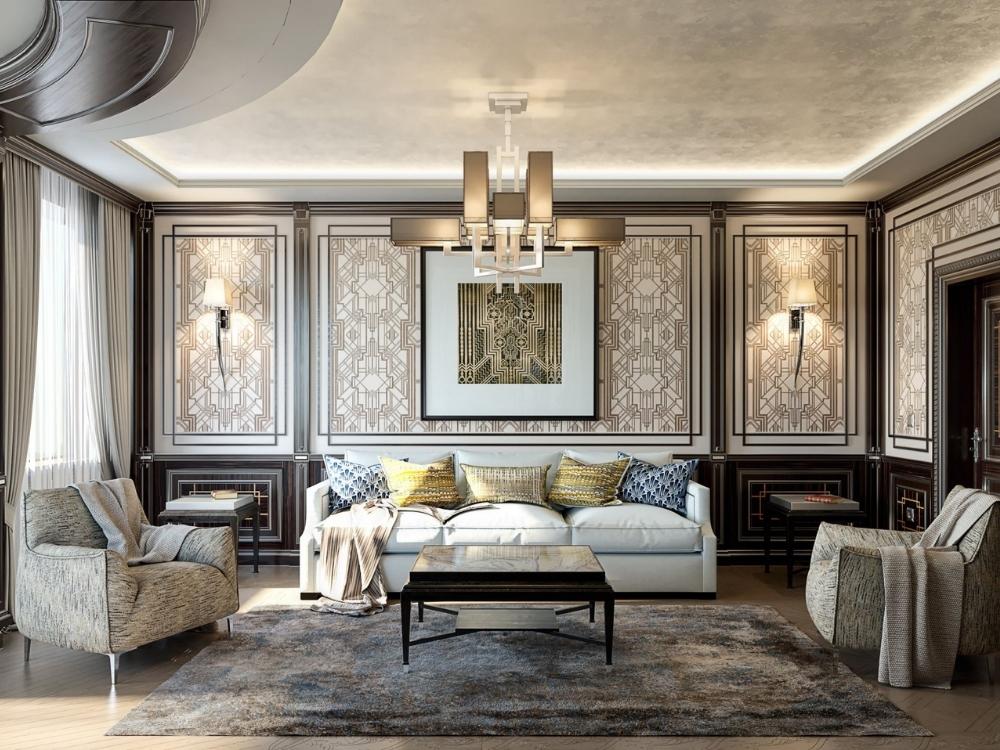 Phòng khách thanh lịch với kệ tivi đối xứng và bàn trà tinh xảo tạo cảm giác tiếp đón ấm áp