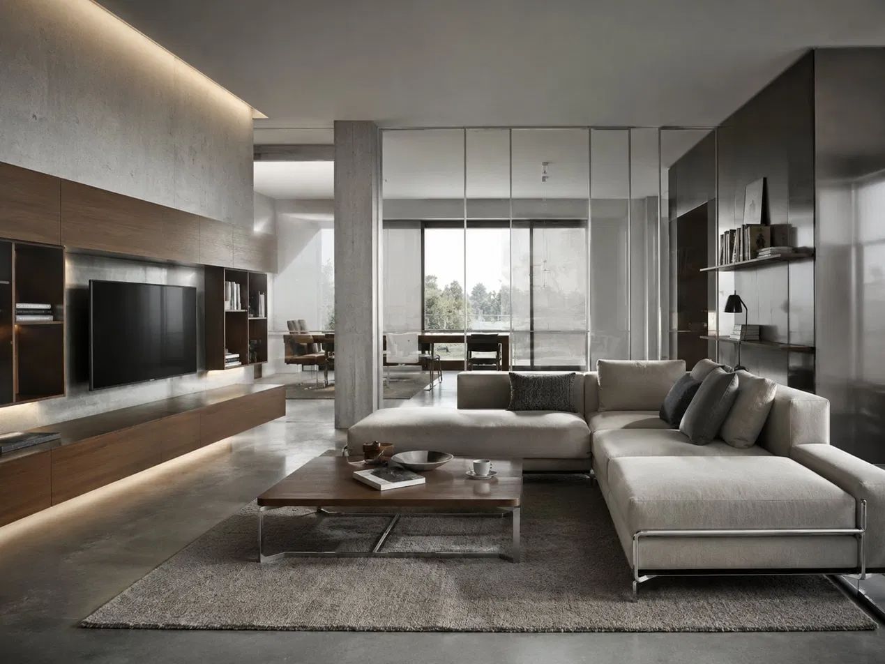 Phòng khách hiện đại với tường bê tông kệ tivi gỗ óc chó và sofa khung thép bên vách kính lớn