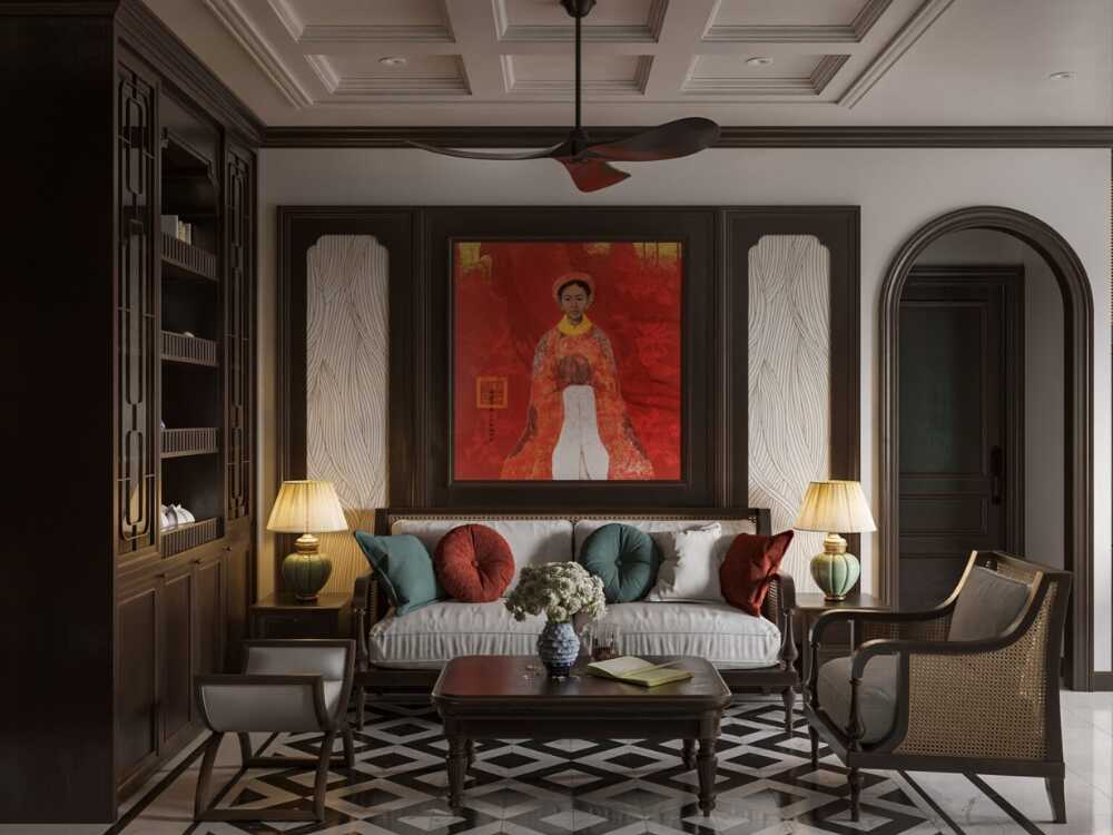 Phòng khách thoáng sáng nhờ ánh sáng tự nhiên kết hợp đèn trang trí cổ điển tạo điểm nhấn thanh lịch