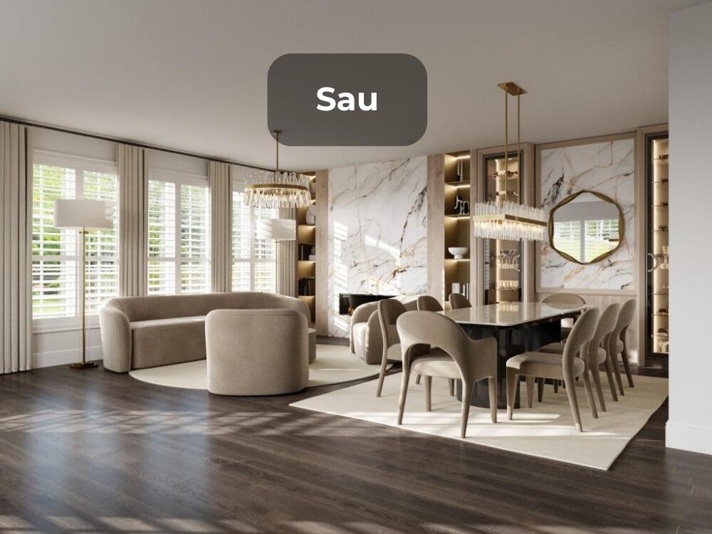 Phòng khách thông thoáng hơn nhờ thiết kế không gian mở kết nối liền mạch với phòng bếp