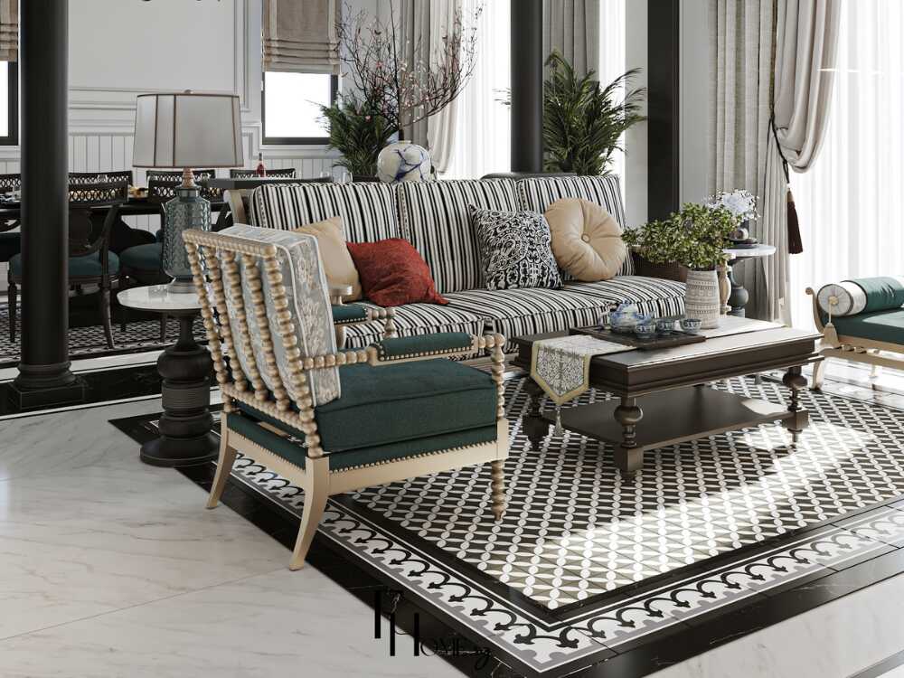 Phòng khách tinh tế với họa tiết hoa lá và gạch bông mang đậm dấu ấn Đông Dương