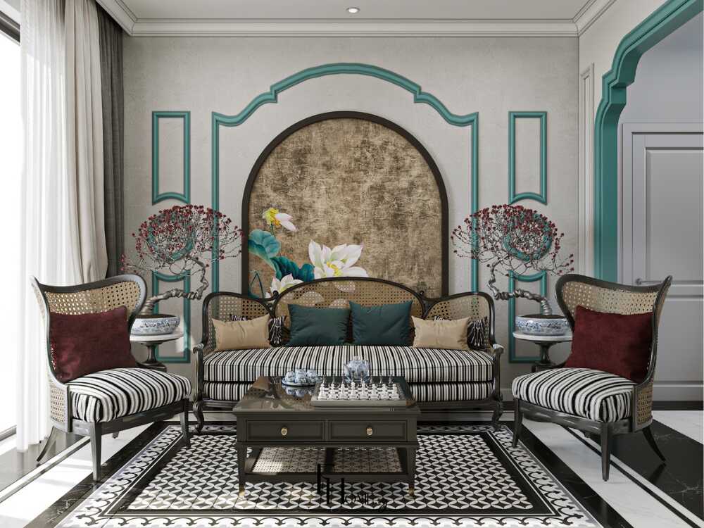 Phòng khách tràn ngập ánh sáng tự nhiên với cửa vòm lớn tạo cảm giác thoáng đãng tinh tế